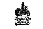 Black graphic logo featuring a motorcycle with a rider and exhaust smoke above the stylized text 'Locked Up Moto Co' on a white background.