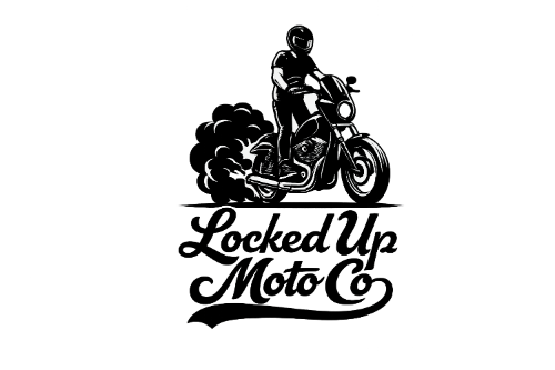 Black graphic logo featuring a motorcycle with a rider and exhaust smoke above the stylized text 'Locked Up Moto Co' on a white background.